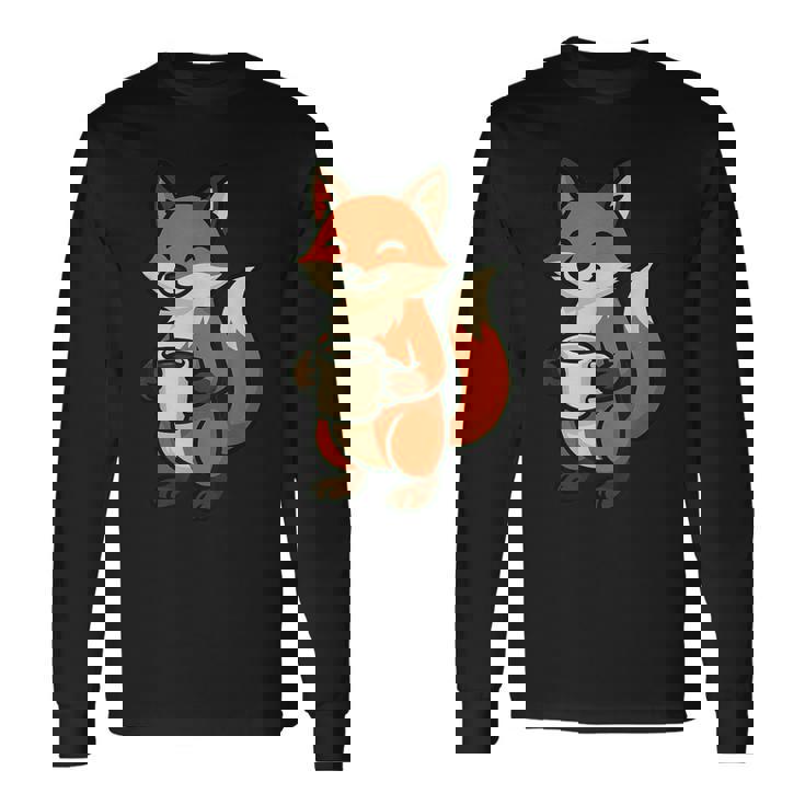 朝のコーヒーを楽しむ居心地の良いキツネ。 長袖Tシャツ