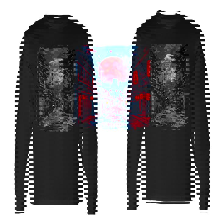 東京の街並み 日本の夜景 ライト付き ヴェイパーウェーブ 長袖Tシャツ