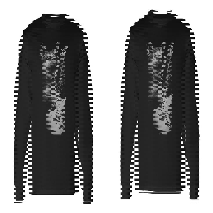 柴犬 ギターを弾く ロックミュージック 犬好き 長袖Tシャツ