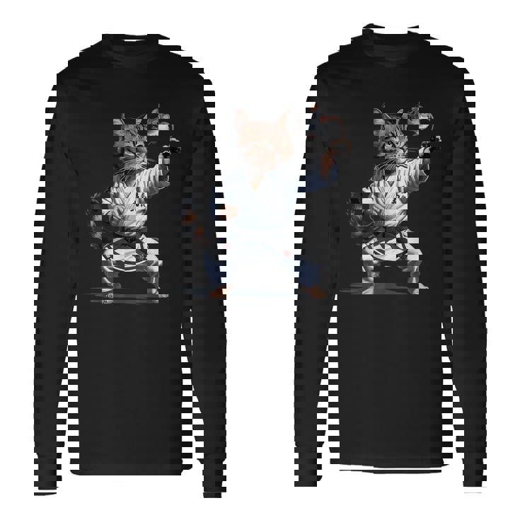 格闘技 猫 空手 黒帯 おもしろ戦闘機 長袖Tシャツ