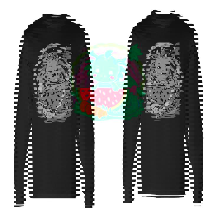 桃とスイカの漫画かわいいドラゴン 長袖Tシャツ