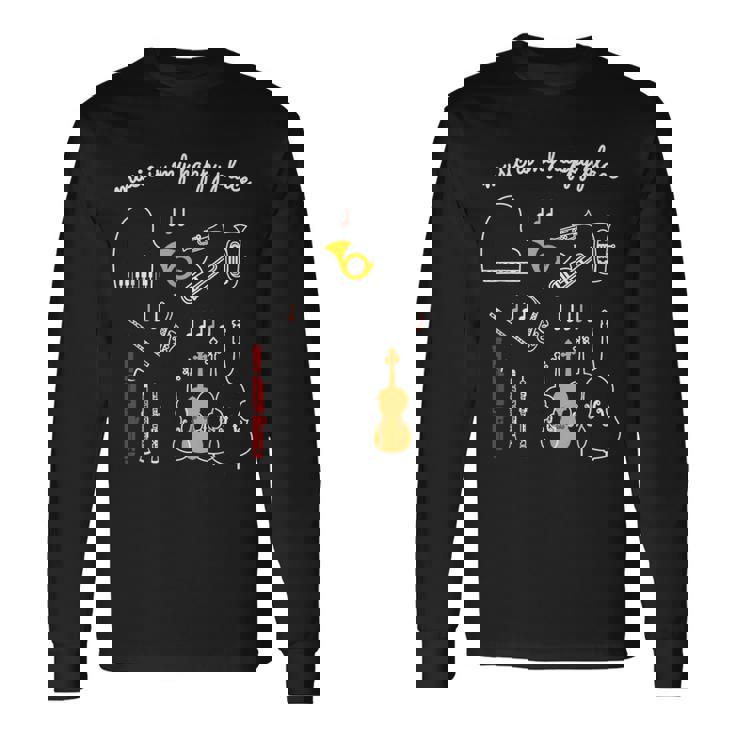 楽器 音楽 ピアノ 管楽器 木管楽器 弦楽器 音符 Music Is My Happy Place 長袖Tシャツ
