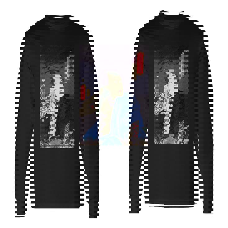 武士 歌舞伎 ヴィンテージ 日本の浮世絵 木版画 長袖Tシャツ