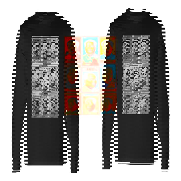 毛沢東ポップアートグリッド-9カラフルな肖像画と書道 長袖Tシャツ