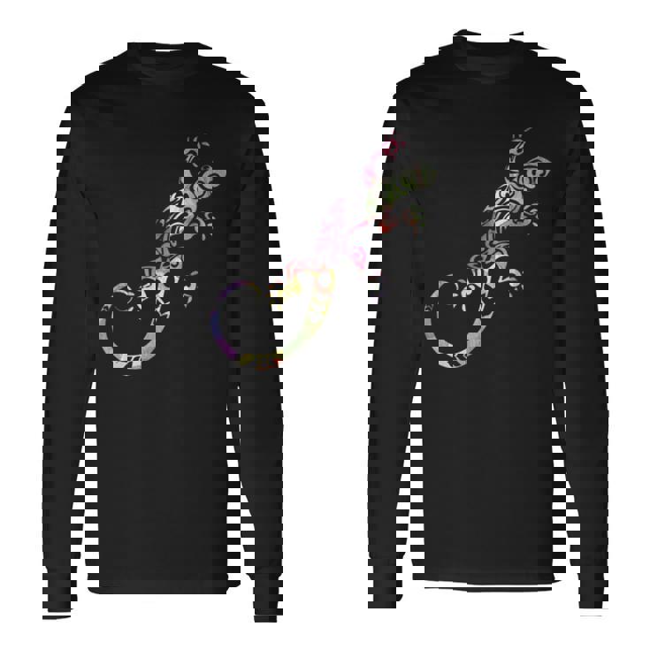 水彩絵の具トカゲ動物爬虫類恋人ヤモリ 長袖Tシャツ