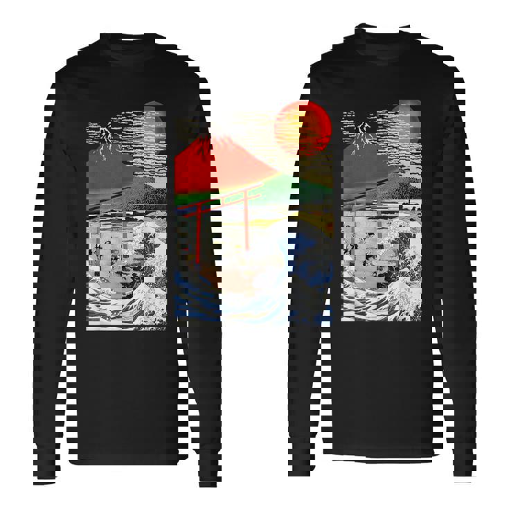 江戸日本 浮世白斎 赤富士山・津波 長袖Tシャツ