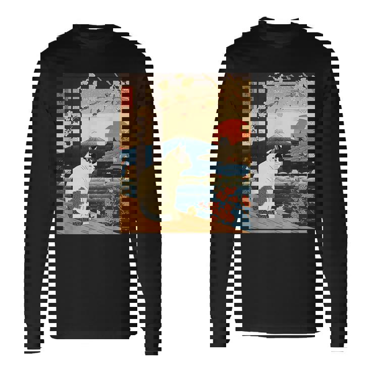 浮世絵 アート 神奈川 ヴィンテージ 日本のタトゥーアート 猫 グラフィック 長袖Tシャツ