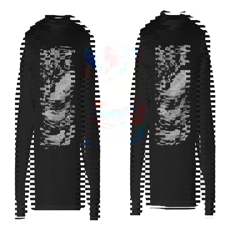 深海の海の生き物 オールフィッシュホエールサメ 水彩画 長袖Tシャツ