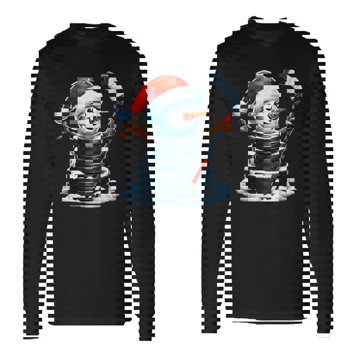 漫画 アイスホッケーパック 雪だるま サンタ帽子付き クリスマス 長袖Tシャツ