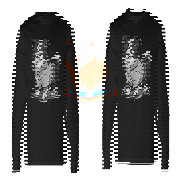 漫画の外観のかわいいボーダーコリー 長袖Tシャツ