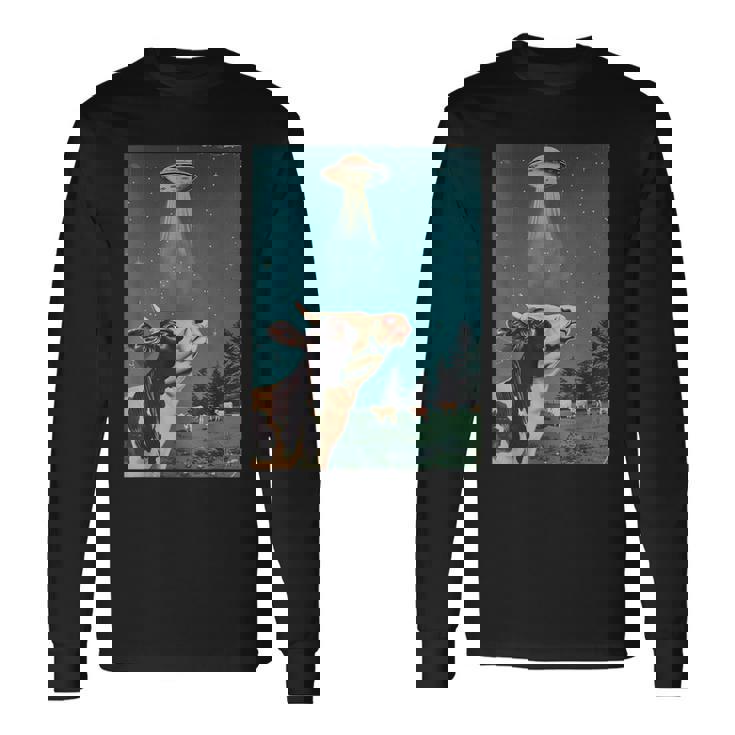 牛とufo ヴィンテージ 面白い アート レトロ グラフィック 長袖Tシャツ