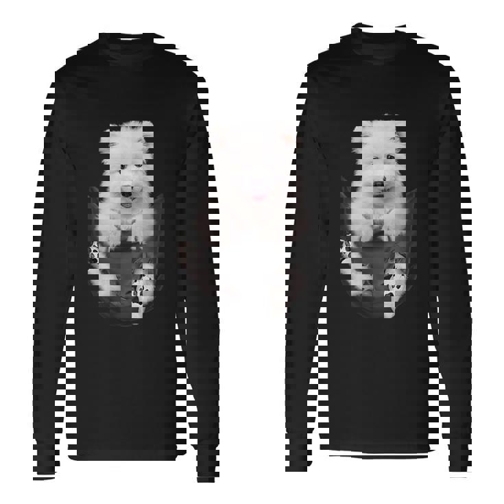 犬好きの方へのギフト サモエド ポケットに入った面白い犬の顔 長袖Tシャツ