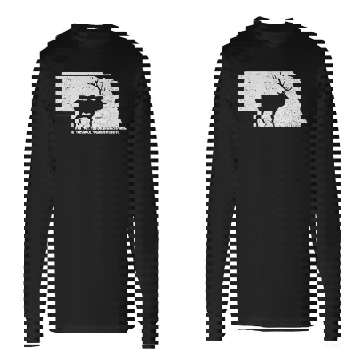 狩猟ヘラジカまたはワピティ ネブラスカ地図アートハンター 長袖Tシャツ