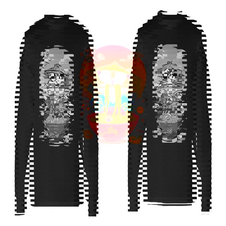 猫 ラーメン 日本語 面白い グラフィック カワイイ 猫 アニメ 恋人 長袖Tシャツ ギフトのアイデア