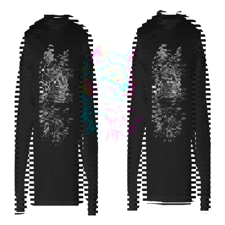 猫 動物 モチーフ 音楽 ヘッドホン イラスト 猫 長袖Tシャツ