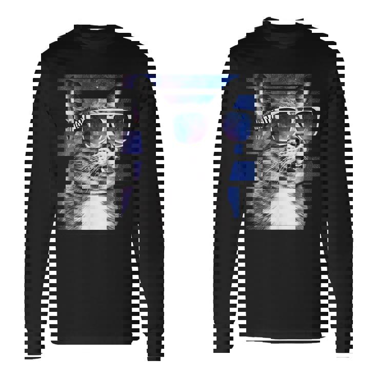 猫 宇宙 メガネ ギャラクシー サングラス おもしろい 猫 ミーム 長袖Tシャツ