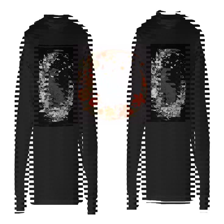 猫 月 花柄 グラフィック 長袖Tシャツ