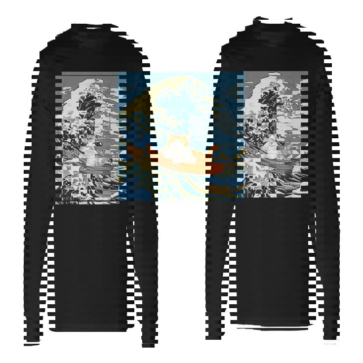 猫 葛飾北斎 神奈川沖浪裏 ネタ 冗談 ギャグ かわいい 長袖Tシャツ