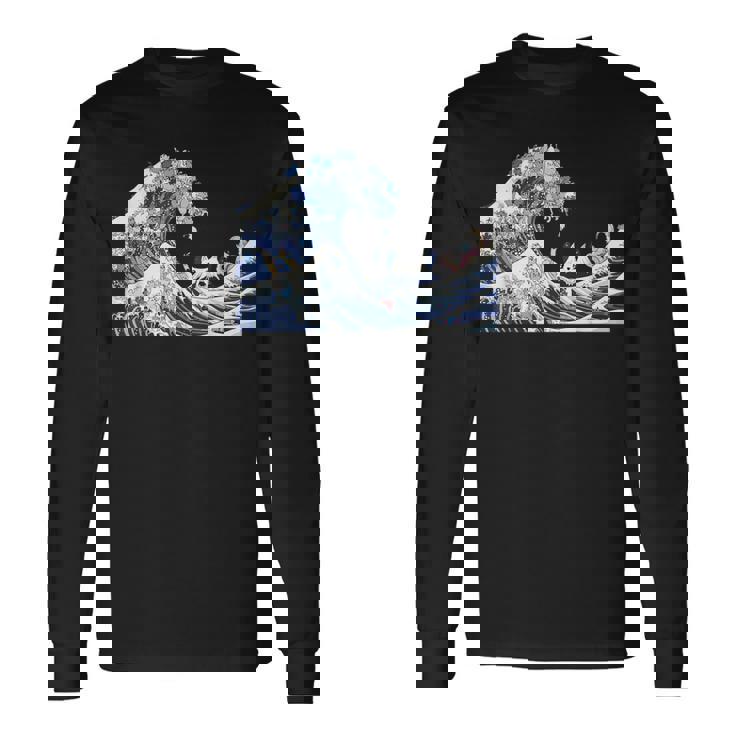 猫がサーフィンをする神奈川の大波 面白い猫の波 かわいい猫、猫好き、かわいい猫 長袖Tシャツ