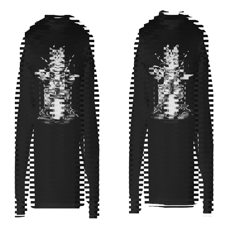 猫がドラムを弾く 面白いロックミュージックドラム 猫 長袖Tシャツ ギフトのアイデア