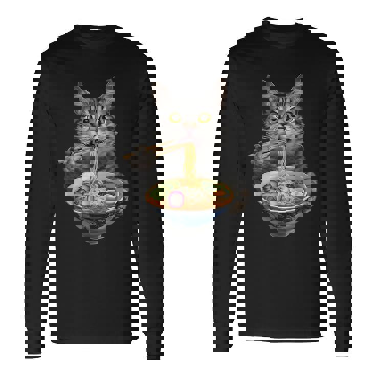 猫がラーメンを食べる リアル 長袖Tシャツ