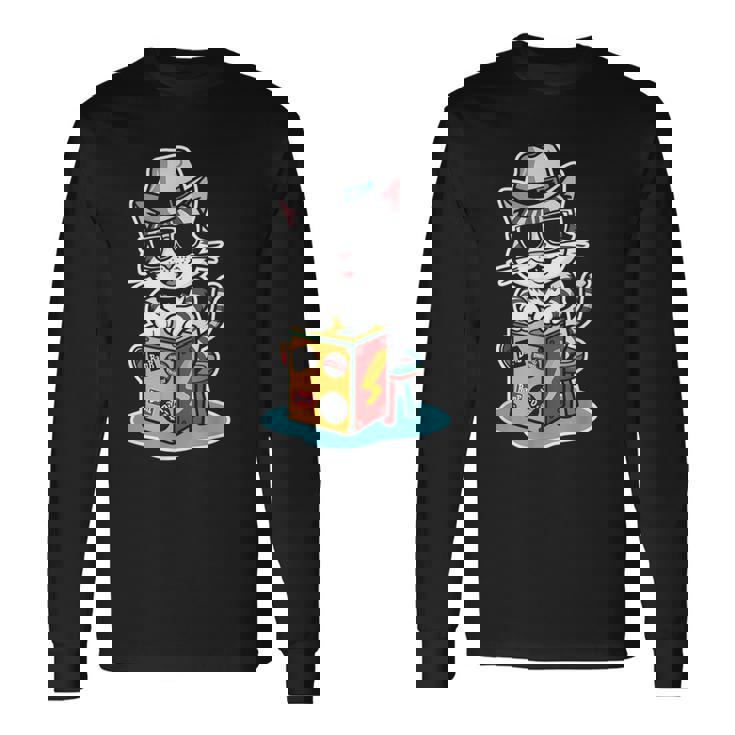 猫が奏でるカホン楽器 長袖Tシャツ