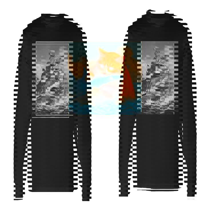 猫のサメ、面白い猫がサメを噛むサメ、サメと猫 長袖Tシャツ