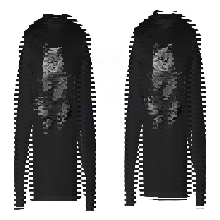 猫好き ブリティッシュショートヘア ポケット入り 面白い子猫 長袖Tシャツ