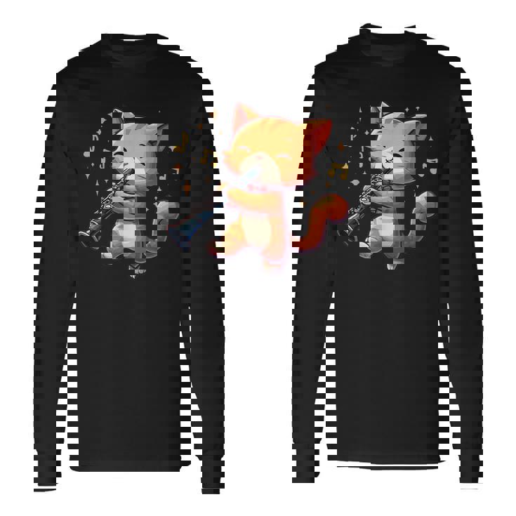 猫好きのためのかわいい猫のデザイン 猫がクラリネットを弾く 長袖Tシャツ