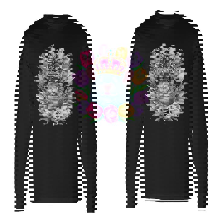 王冠とカラフルなチューリップを持つかわいいチンチラ 長袖Tシャツ