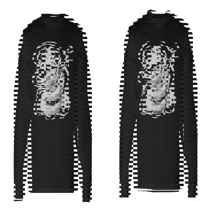 白蛇と弁財天 和風神秘デザイン 蛇と楽器モチーフ 長袖Tシャツ