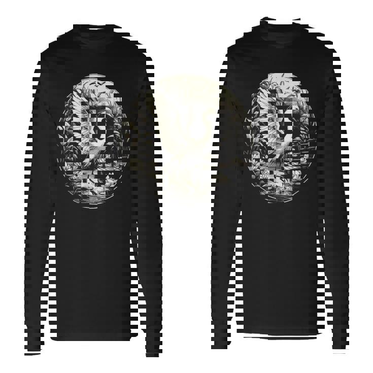 白鷺シーンのグラフィック アート デザイン 長袖Tシャツ