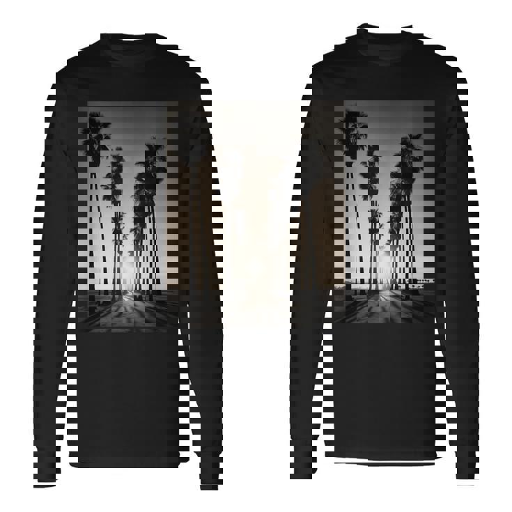 白黒写真 ヤシの木の夕日 ビンテージ写真 長袖Tシャツ