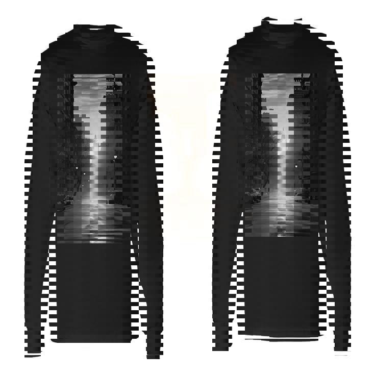 白黒写真 街の街の夕焼け写真 長袖Tシャツ