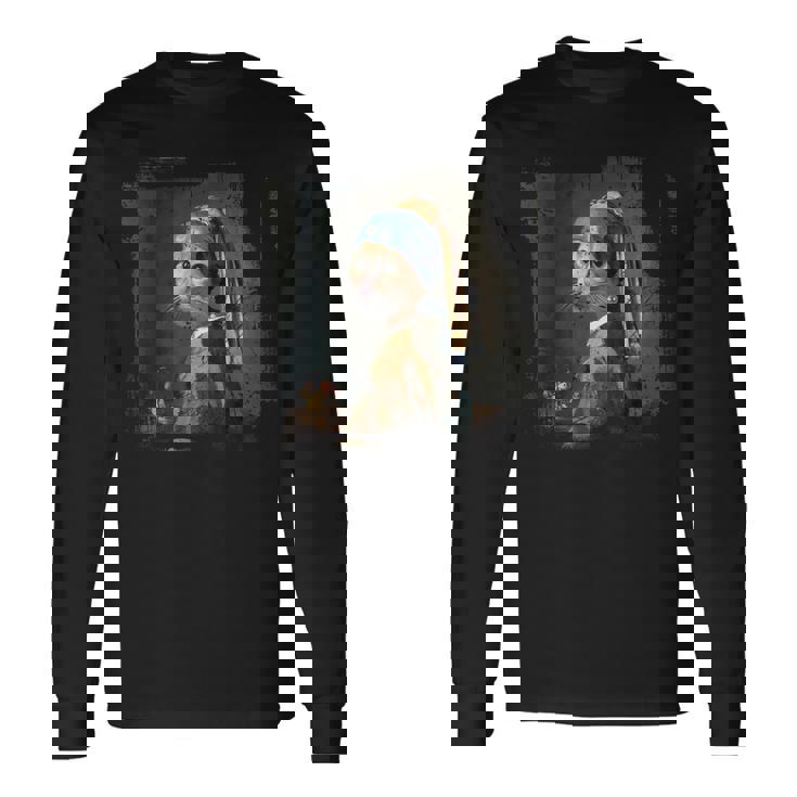 真珠のイヤリングを持つ少女 猫 パロディアート 面白い ヤン・フェルメール 長袖Tシャツ