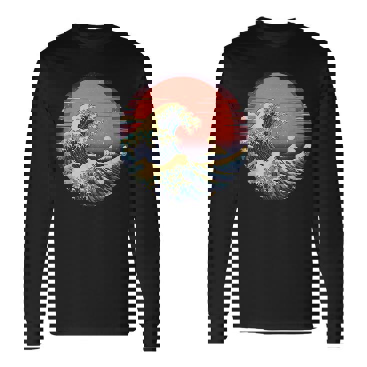 神奈川沖浪裏 葛飾北斎の 冨嶽三十六景 神奈川沖浪裏 富士山 レトロ ヴェイパーウェイヴ 長袖Tシャツ