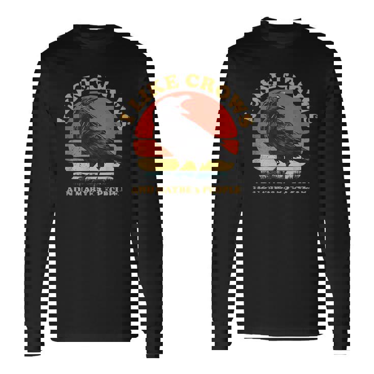 私はカラスと多分 3 人が好きです レトロ ビンテージ ブラック カラス 長袖Tシャツ