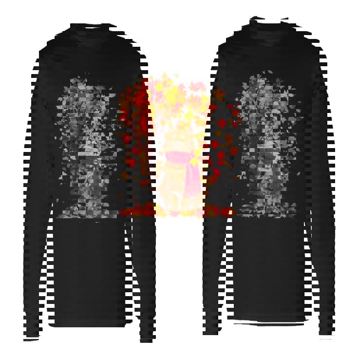 秋 猫 赤いスカーフ 紅葉 かわいい 猫 ママ 滝 長袖Tシャツ