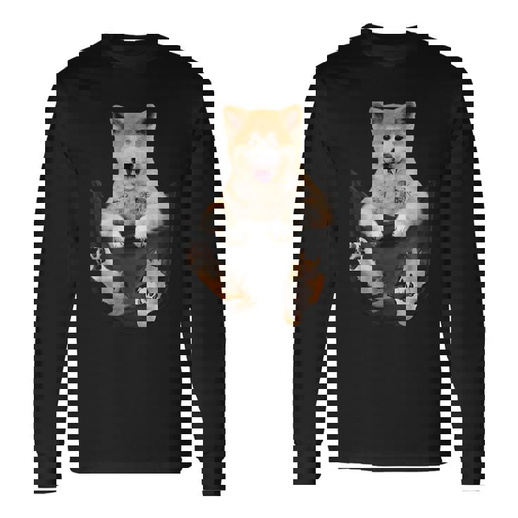 秋田愛好家のためのポケットの中の面白い秋田犬 長袖Tシャツ