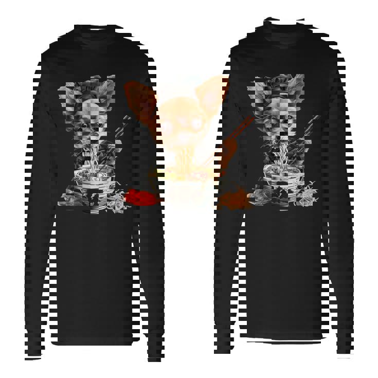 空手犬のチワワがラーメンを食べる、日本、面白いラーメン 長袖Tシャツ