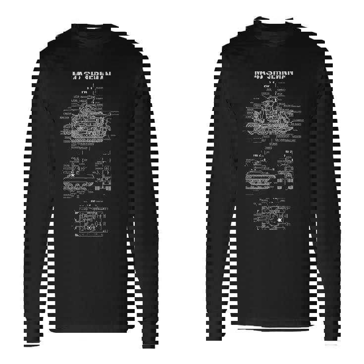 第二次世界大戦のアメリカ戦車m4a3シャーマンの青写真 長袖Tシャツ