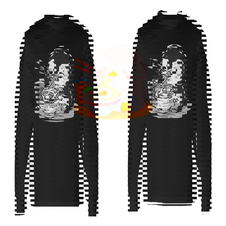 箸でラーメンを食べるかわいいペンギン 長袖Tシャツ