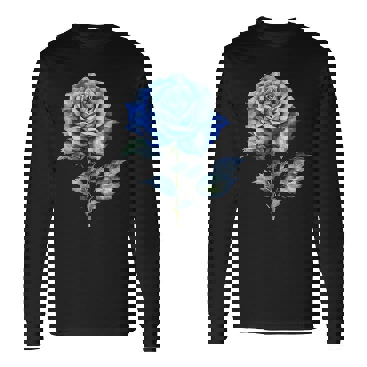 美しいブルーローズフローラルブルーフラワー 長袖Tシャツ