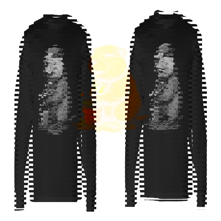 自然からインスピレーションを得た衣装愛好家のための鉢植え付き楽しいビーバー 長袖Tシャツ