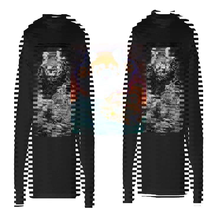 船を襲う レッサーパンダ 海 雷 嵐 長袖Tシャツ