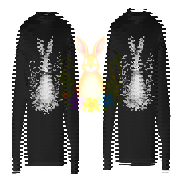 花と葉を持つ愛らしいウサギ 自然デザイン 長袖Tシャツ