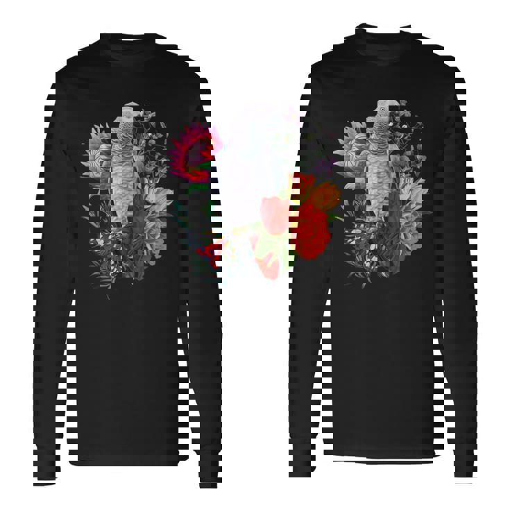 花と蝶とヨウム 長袖Tシャツ