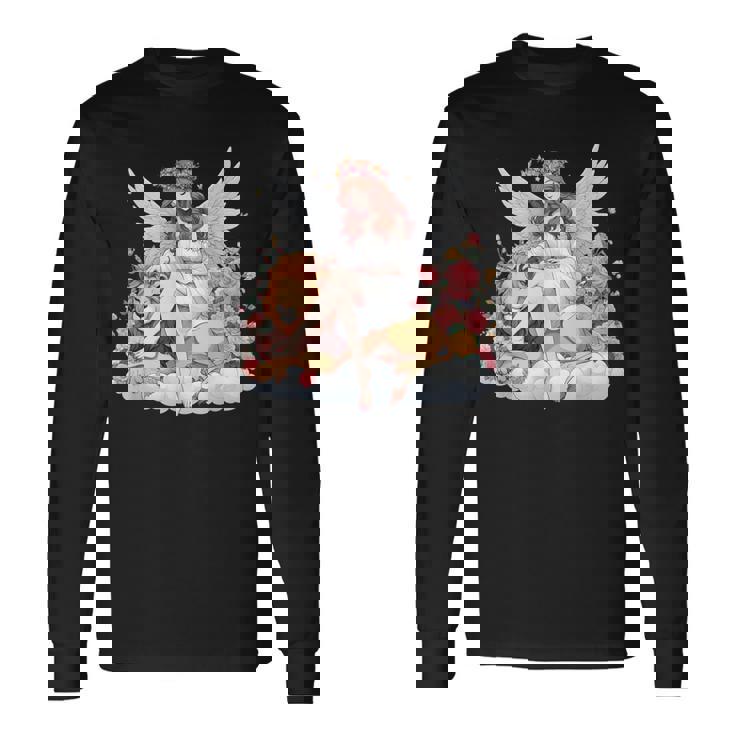 花に囲まれたライオンの天使 美しい天使 長袖Tシャツ