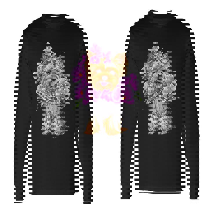 花を持つヨークシャー テリア 長袖Tシャツ