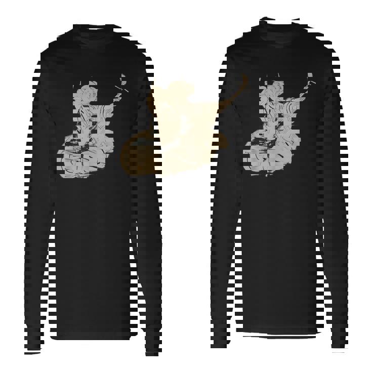 葛飾北斎作 三味線と座る女 長袖Tシャツ